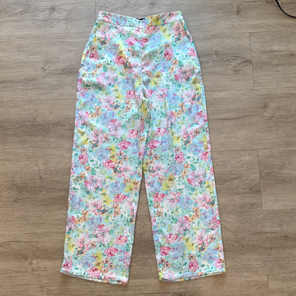 Zara Blue Floral High-Waisted Satin Pants with Elastic Waist & Pockets